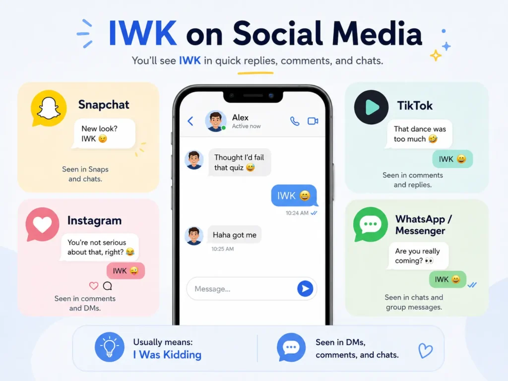 IWK on social media infographic showing how “I Was Kidding” is used in Snapchat, Instagram, TikTok, WhatsApp, and Messenger chats.
