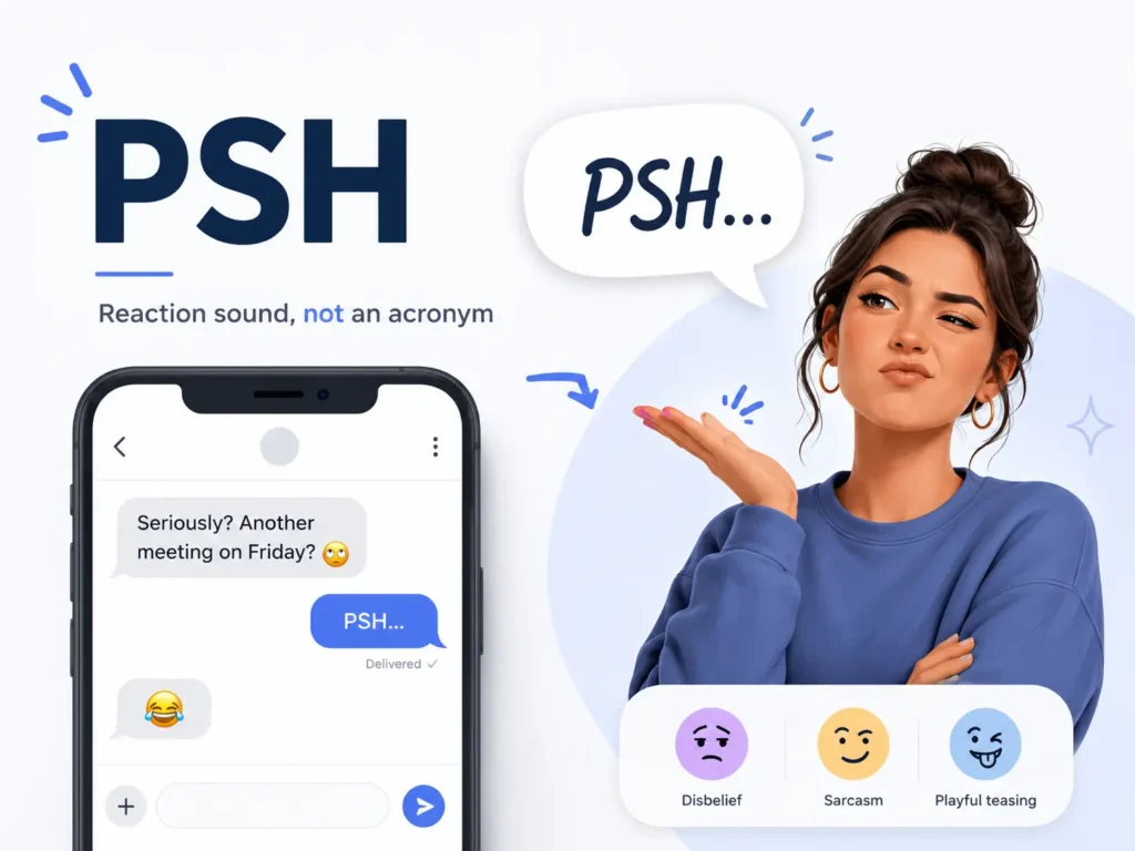 Illustration explaining that PSH is a reaction sound, not an acronym, with a skeptical woman, a text-message example, and icons for disbelief, sarcasm, and playful teasing.