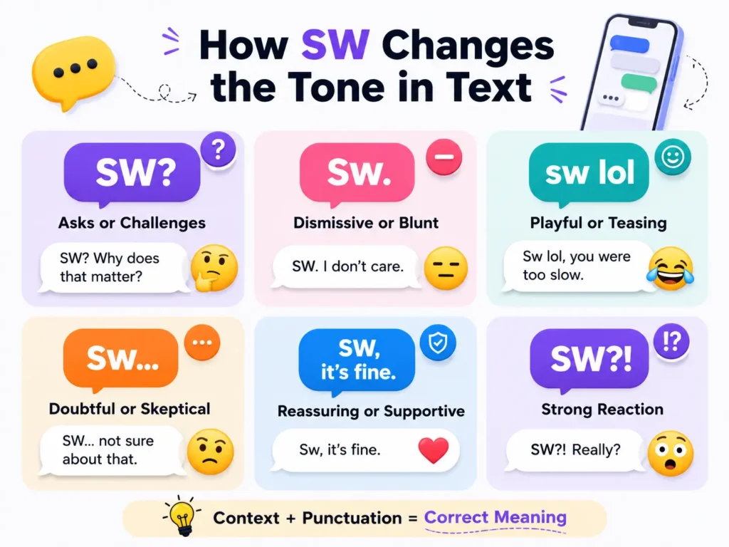Infographic showing how SW changes tone in text through punctuation, including questioning, dismissive, playful, skeptical, reassuring, and strong reaction examples.