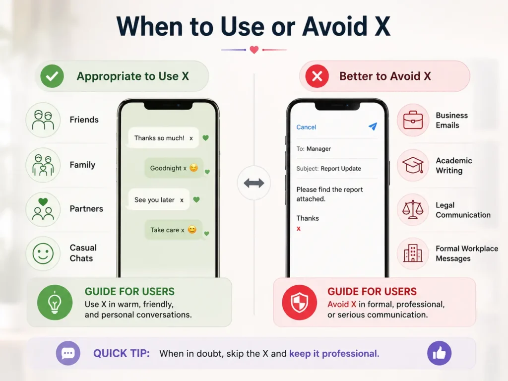 When to use or avoid X infographic showing X as appropriate in friendly personal chats but unsuitable for business emails, academic writing, legal communication, and formal workplace messages.