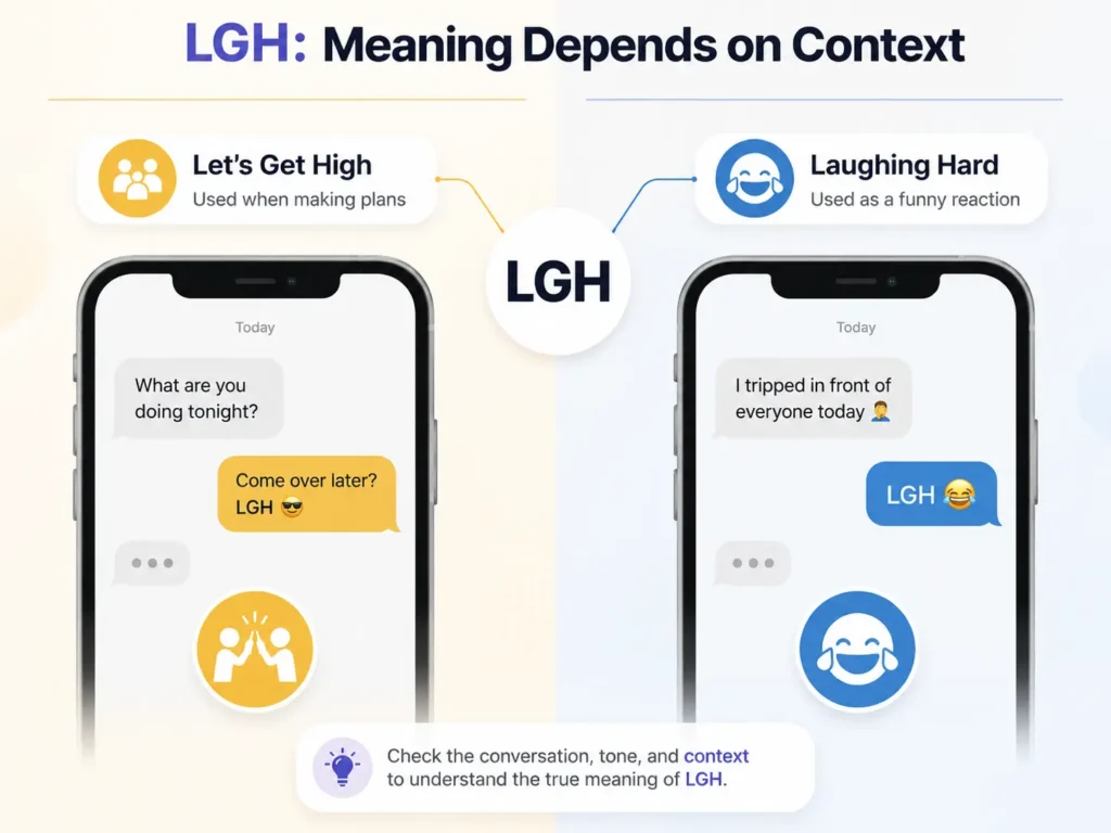 LGH meaning infographic showing “Let’s Get High” for making plans and “Laughing Hard” as a funny reaction in text conversations.