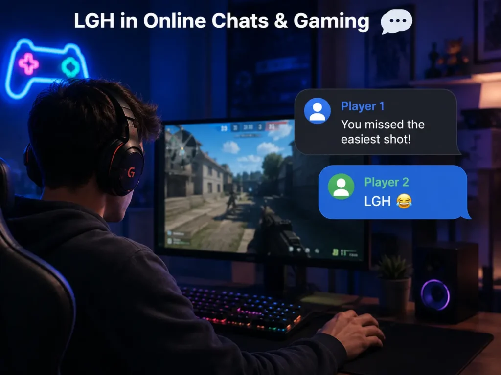 Gamer using LGH as a laughing reaction in an online gaming chat after another player jokes about a missed shot.