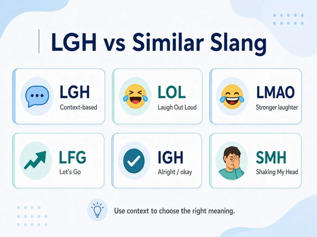 LGH vs similar slang infographic comparing LGH with LOL, LMAO, LFG, IGH, and SMH meanings.