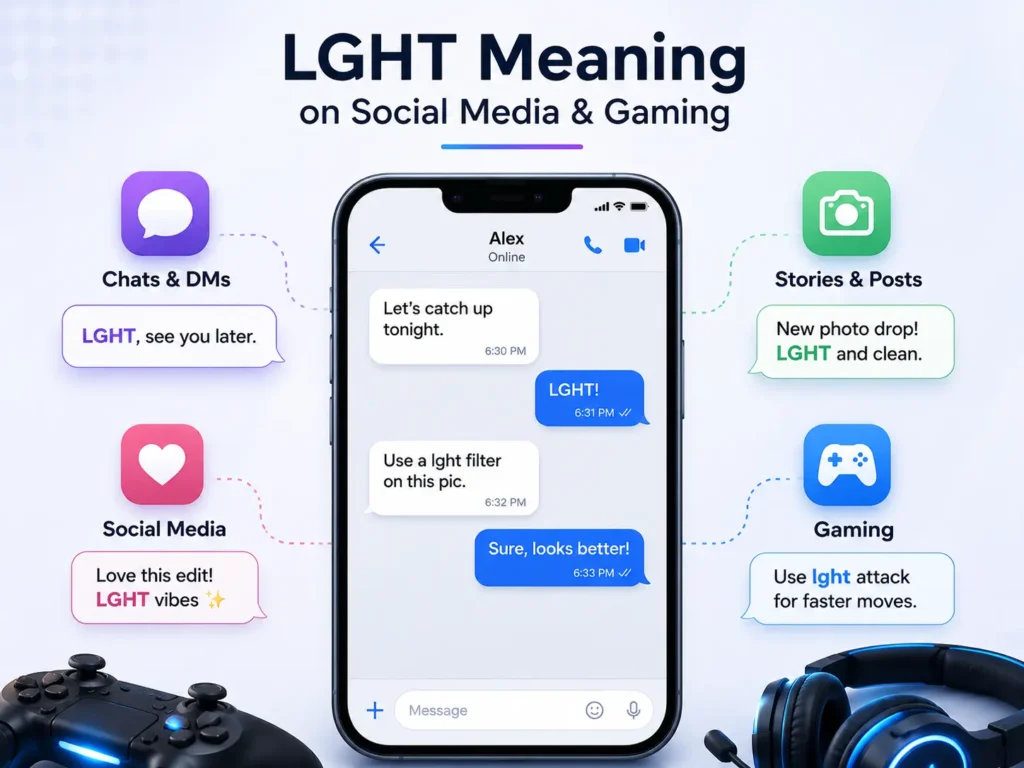 LGHT Meaning on social media and gaming infographic showing LGHT used in chats, posts, captions, and gaming messages with different meanings based on context.