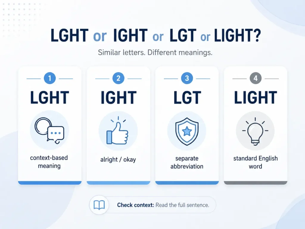 LGHT, IGHT, LGT, and LIGHT comparison infographic explaining their different meanings and reminding users to read the full sentence for context.
