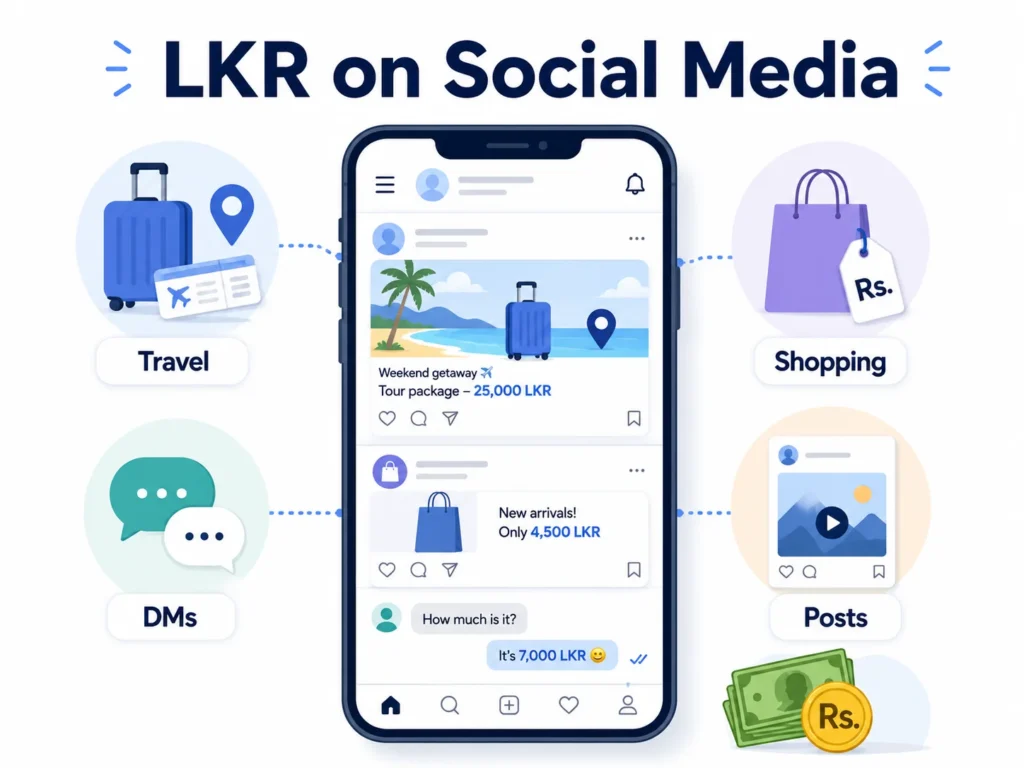 Infographic titled “LKR on Social Media” showing a smartphone with travel, shopping, posts, and DM examples where LKR appears in prices, with money and rupee icons indicating LKR means Sri Lankan Rupee in social media contexts.