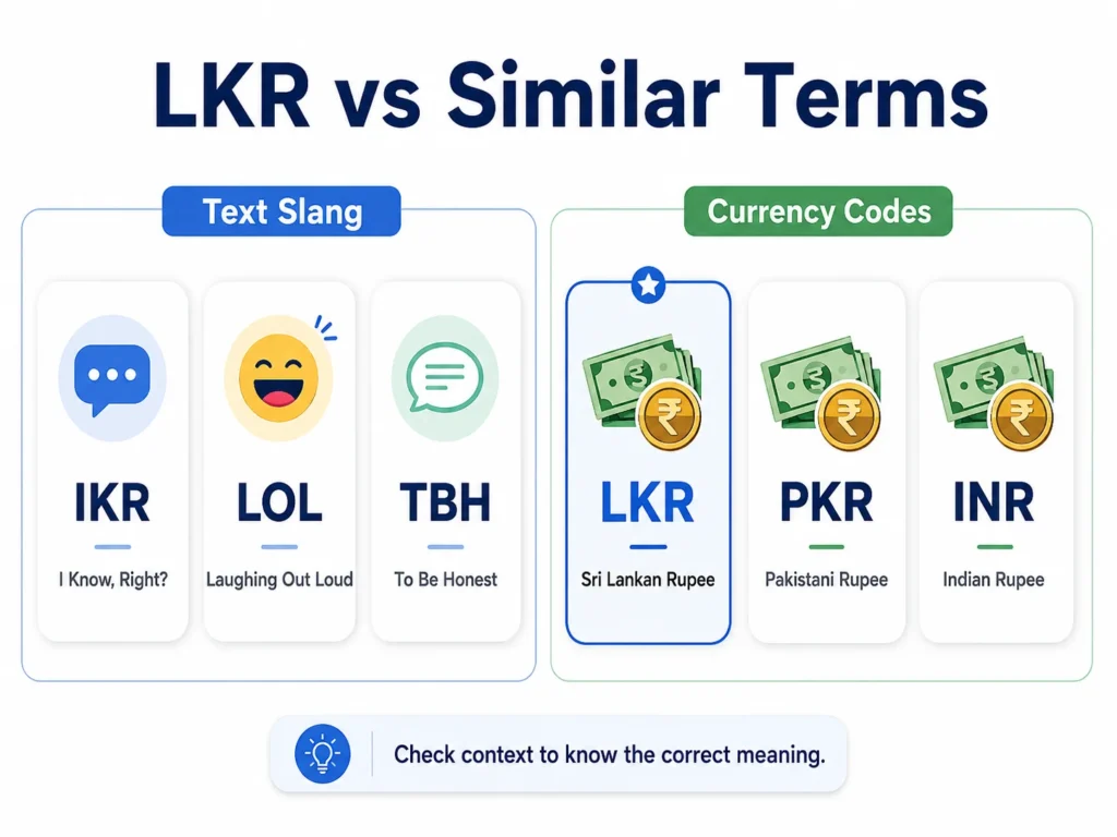 Infographic titled “LKR vs Similar Terms” comparing LKR with text slang like IKR, LOL, and TBH, and currency codes like LKR, PKR, and INR, with LKR highlighted as Sri Lankan Rupee and a note to check context for the correct meaning.