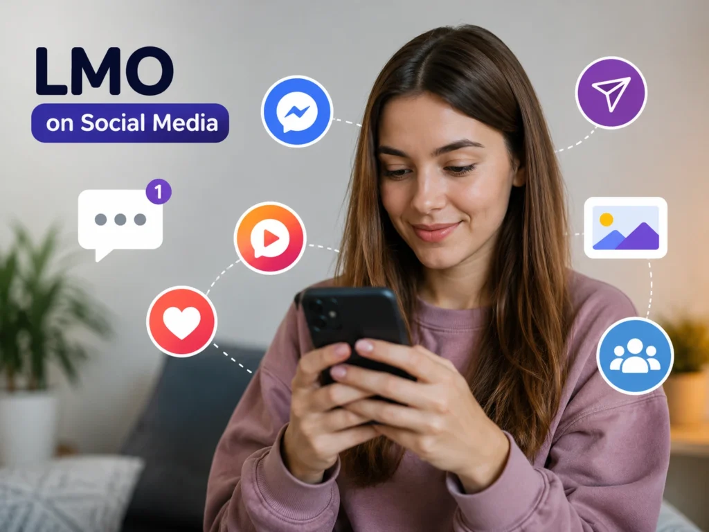 Young woman using a smartphone with floating social media icons, illustrating how LMO is used in online messages and social media conversations.