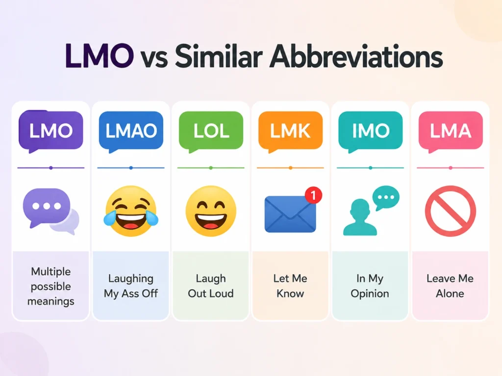 Infographic comparing LMO with LMAO, LOL, LMK, IMO, and LMA, showing each abbreviation’s meaning with simple message and emoji icons.