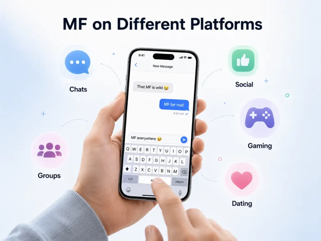 A person using a smartphone with generic icons for chats, social media, group conversations, gaming, and dating, showing how MF may appear across different online platforms.