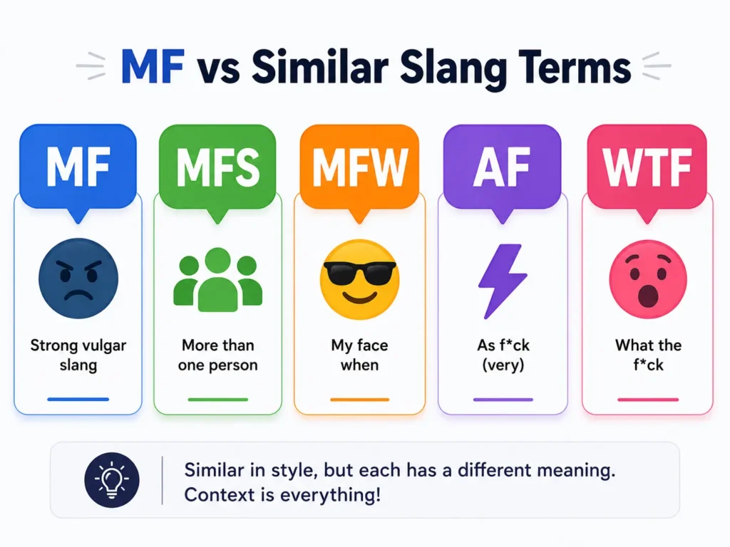Infographic comparing MF with similar slang abbreviations—MFS, MFW, AF, and WTF—using icons and short explanations to show how each term has a different meaning.