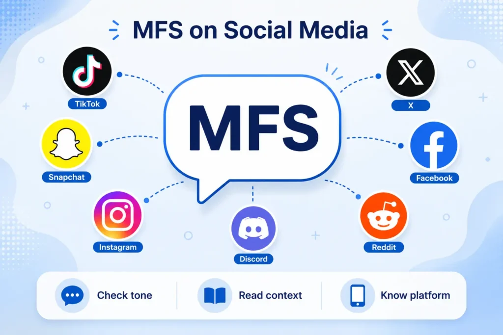 MFS on social media infographic showing MFS in a central chat bubble connected to TikTok, Snapchat, Instagram, X, Facebook, Reddit, and Discord icons, with a guide to check tone, read context, and know the platform.