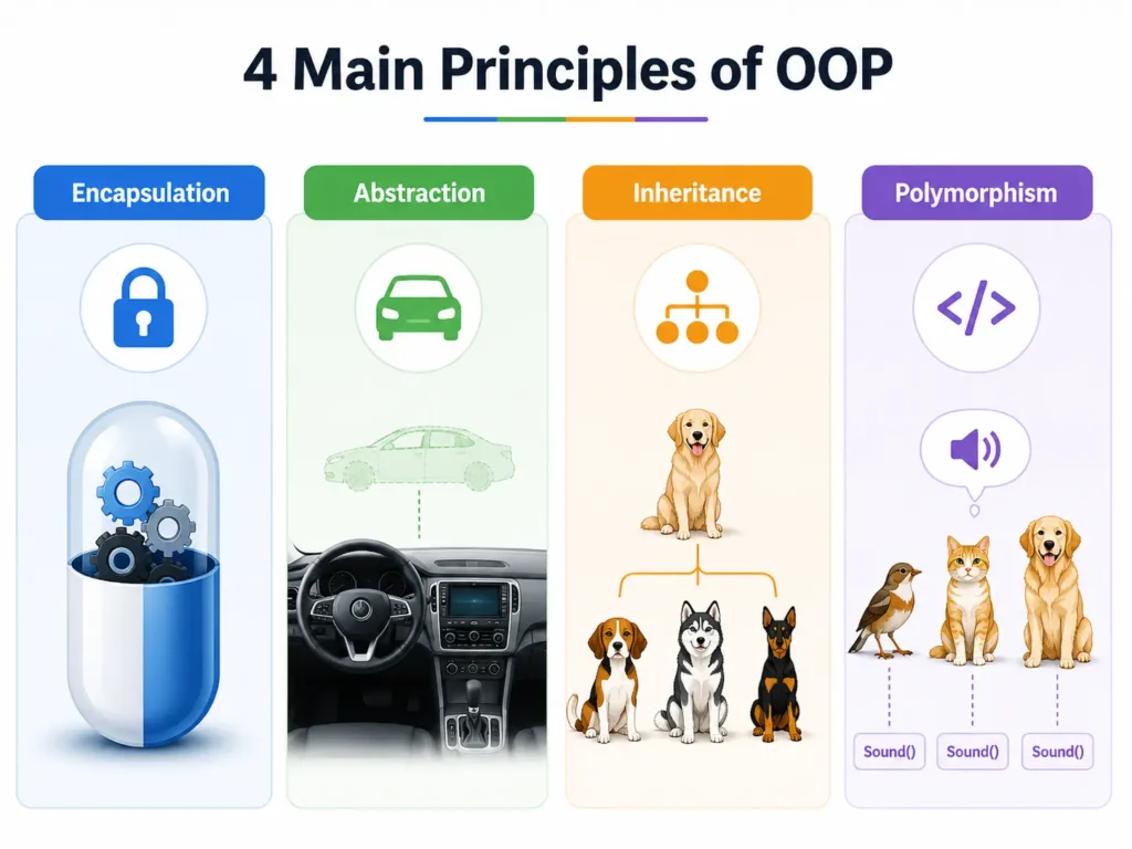 Infographic showing the four main principles of OOP: encapsulation with protected gears, abstraction with simple car controls, inheritance with related dog breeds, and polymorphism with different animals using the same sound method.