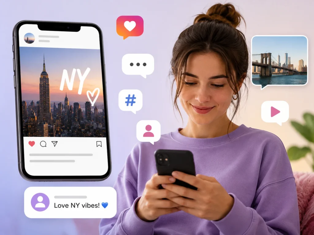 Young woman using a smartphone with social media-style icons around her, a phone screen showing “NY” over a New York skyline, and a comment saying “Love NY vibes!”