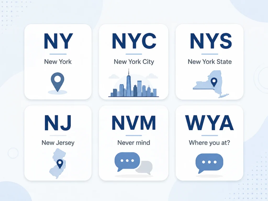 Clean infographic showing six abbreviation cards: NY for New York, NYC for New York City, NYS for New York State, NJ for New Jersey, NVM for Never mind, and WYA for Where you at.