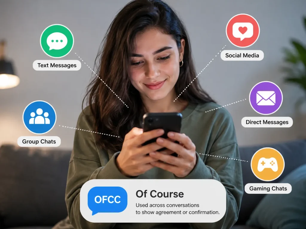 Woman using a smartphone with icons for text messages, social media, direct messages, group chats, and gaming chats, showing OFCC as “of course” across online conversations.