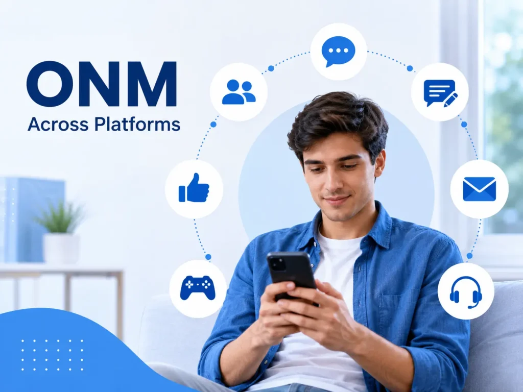 Young man using a smartphone surrounded by generic icons for chat, email, social media, gaming, and online communication, with the text “ONM Across Platforms.”