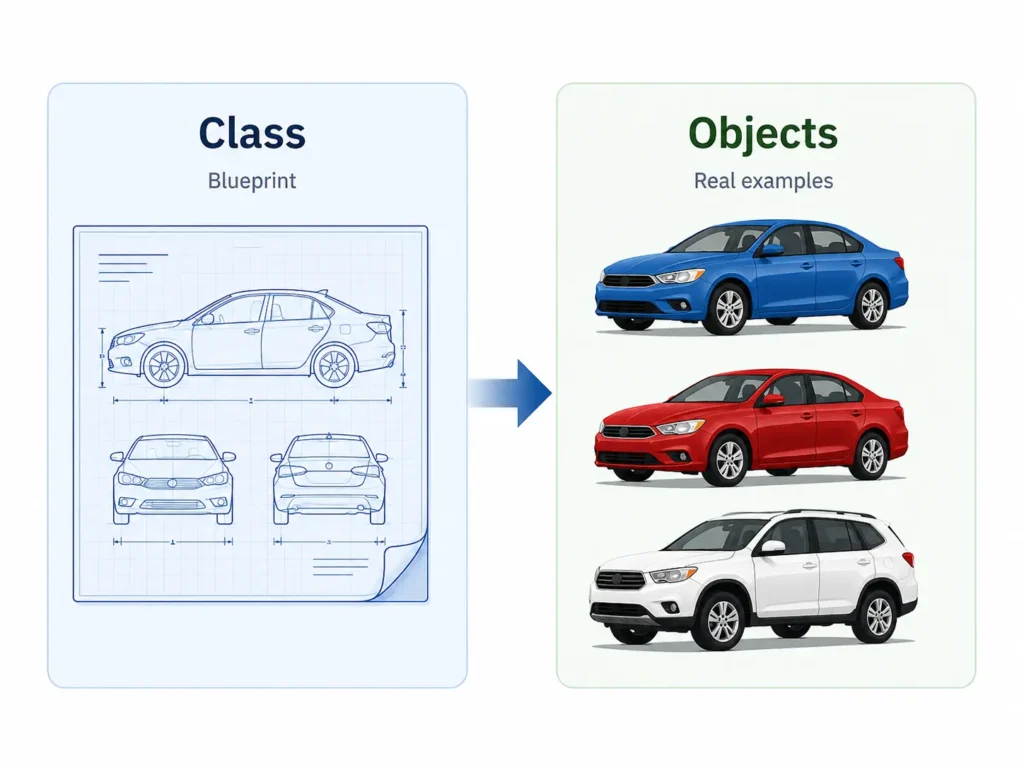 Infographic comparing an OOP class with objects, showing a car blueprint labeled “Class” and three finished cars labeled “Objects” to explain that a class creates real object instances.