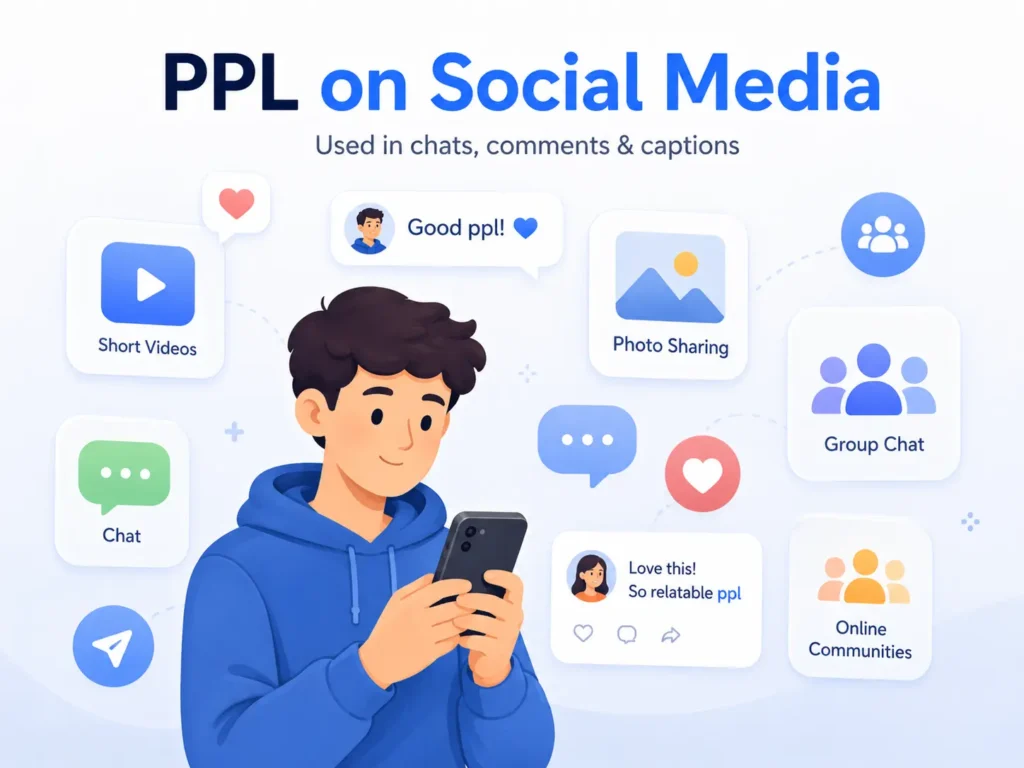 Infographic titled “PPL on Social Media” showing a person using a smartphone surrounded by chat, comment, video, photo-sharing, group chat, and online community icons to explain where PPL is used online.