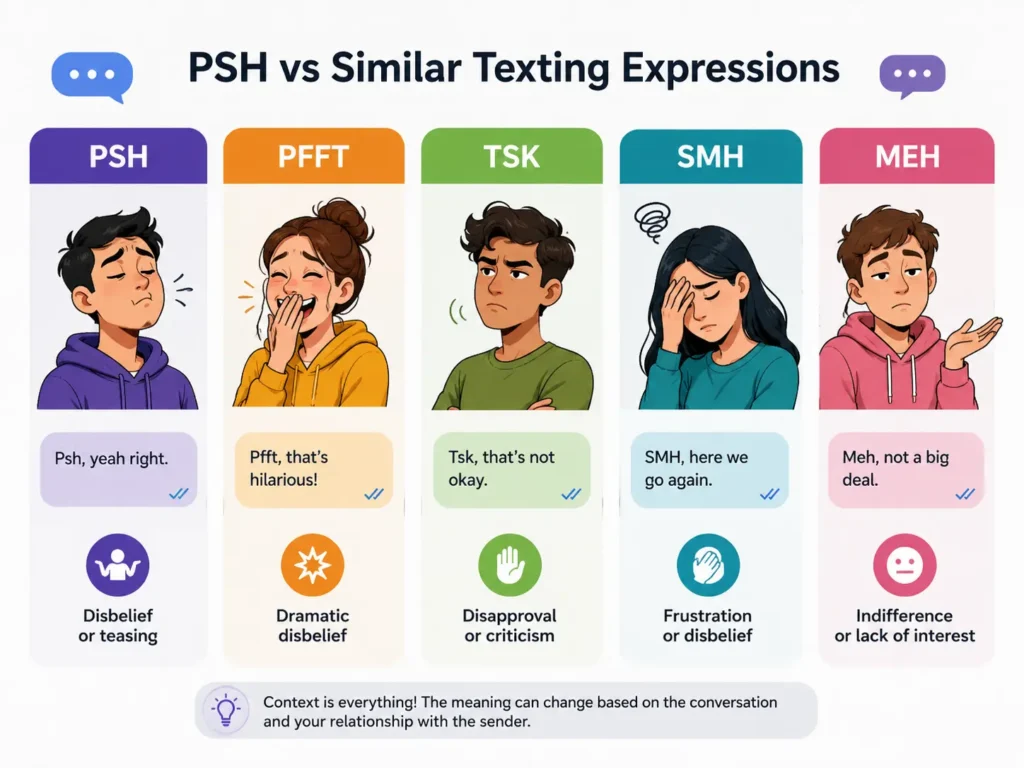 Infographic comparing PSH, PFFT, TSK, SMH, and MEH with examples showing disbelief, teasing, disapproval, frustration, and indifference in text messages.