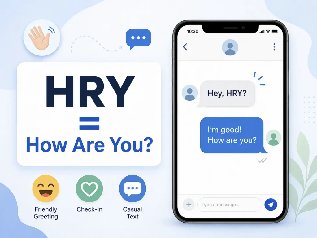 HRY meaning “How Are You?” with a smartphone chat showing a friendly greeting and casual text conversation.