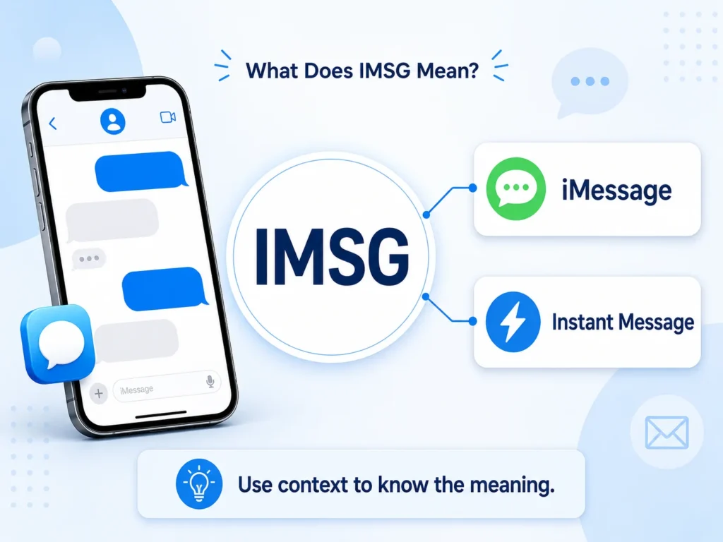 Infographic explaining IMSG meaning, showing a smartphone with chat bubbles, the acronym IMSG in the center, and two meanings: iMessage and Instant Message.