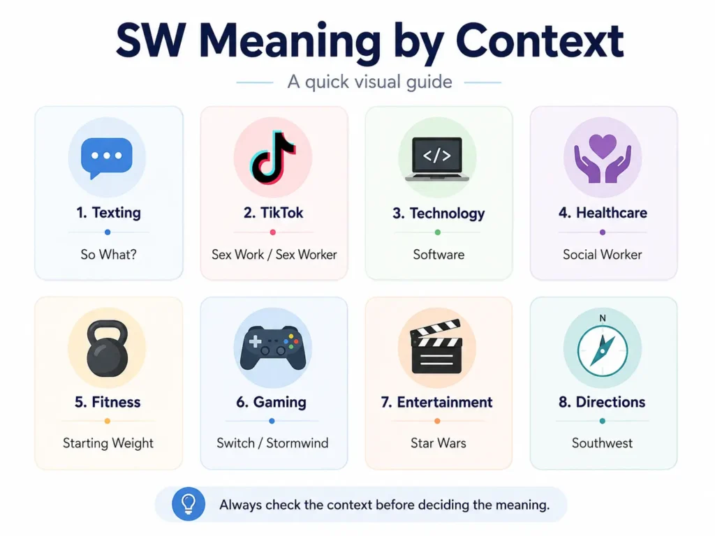 SW Meaning by Context infographic showing eight meanings: So What in texting, sex work on TikTok, software in technology, social worker in healthcare, starting weight in fitness, Switch or Stormwind in gaming, Star Wars in entertainment, and southwest in directions.
