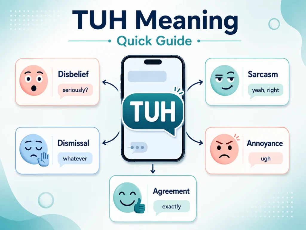 TUH meaning quick guide showing a phone surrounded by five common tones: disbelief, sarcasm, dismissal, annoyance, and agreement.