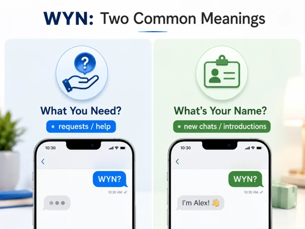 WYN infographic showing its two common meanings: “What You Need?” for requests or help and “What’s Your Name?” for new chats and introductions.