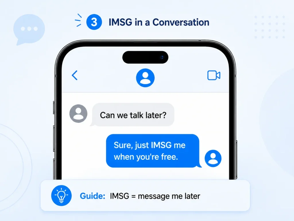 Chat-style infographic showing an IMSG conversation example on a smartphone, with messages saying “Can we talk later?” and “Sure, just IMSG me when you're free,” plus a guide explaining that IMSG means message me later.