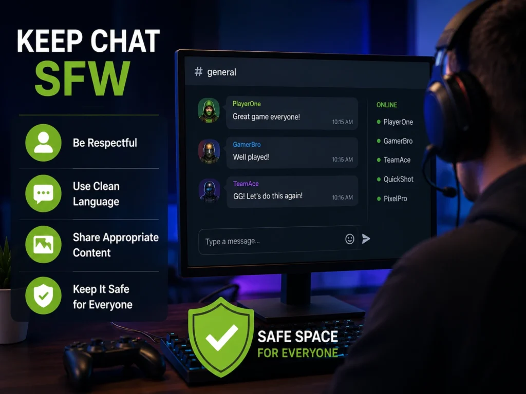 Gamer viewing an online group chat with SFW guidelines promoting respectful language, appropriate content, and a safe community for everyone.