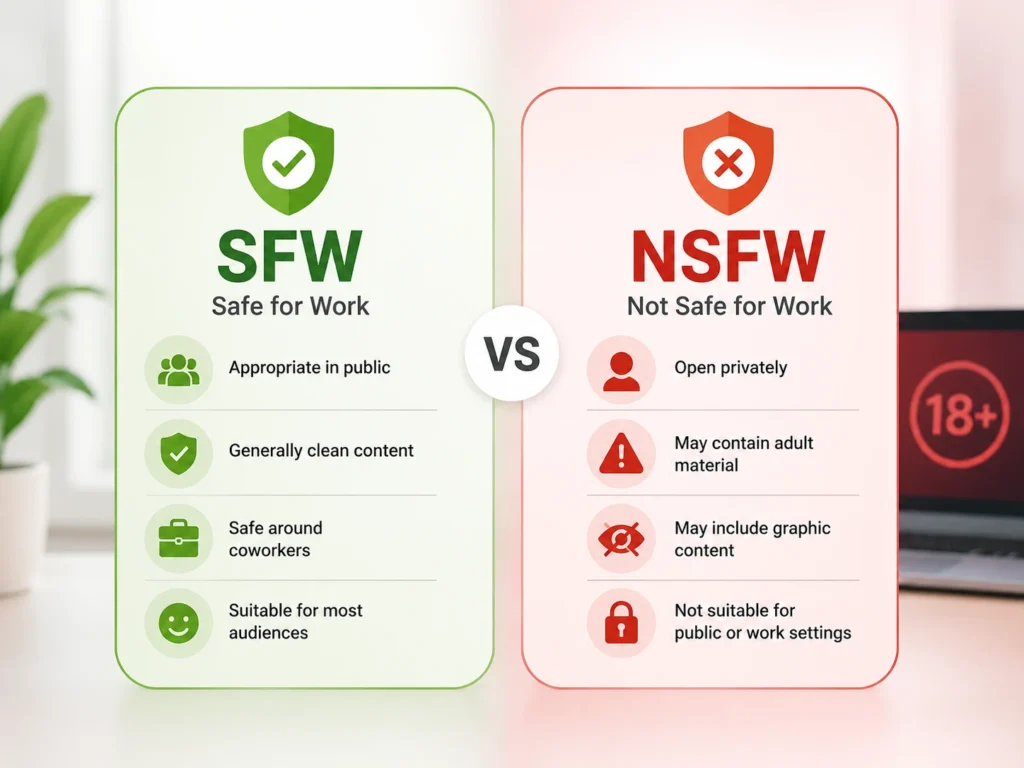SFW vs NSFW comparison infographic showing safe public content on one side and private or adult content warnings on the other.