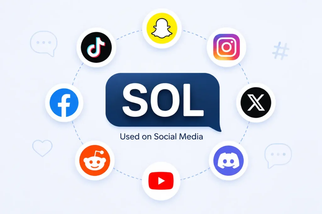 SOL meaning on social media infographic showing “SOL” in a central chat bubble connected to popular platform icons, including Snapchat, TikTok, Instagram, Facebook, X, Reddit, YouTube, and Discord.
