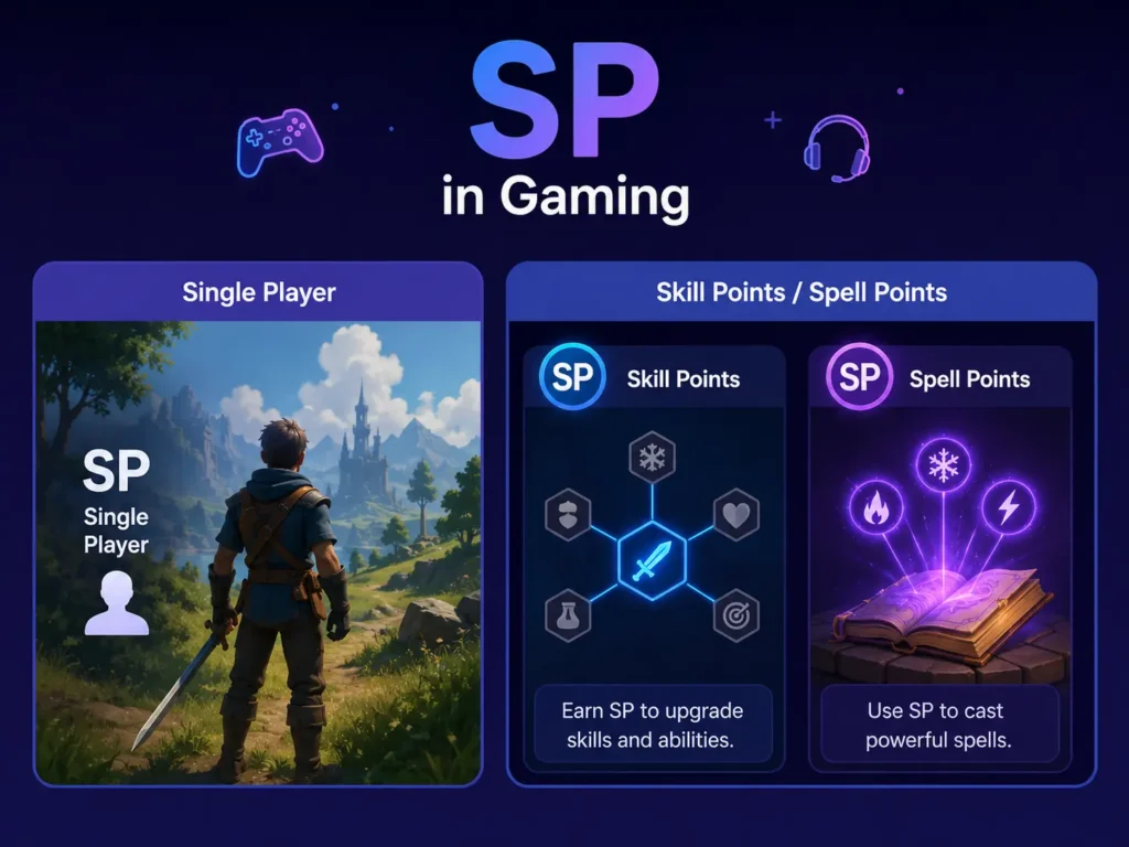 SP in gaming infographic showing SP as Single Player, Skill Points, and Spell Points with character, skill tree, and magic spell visuals.