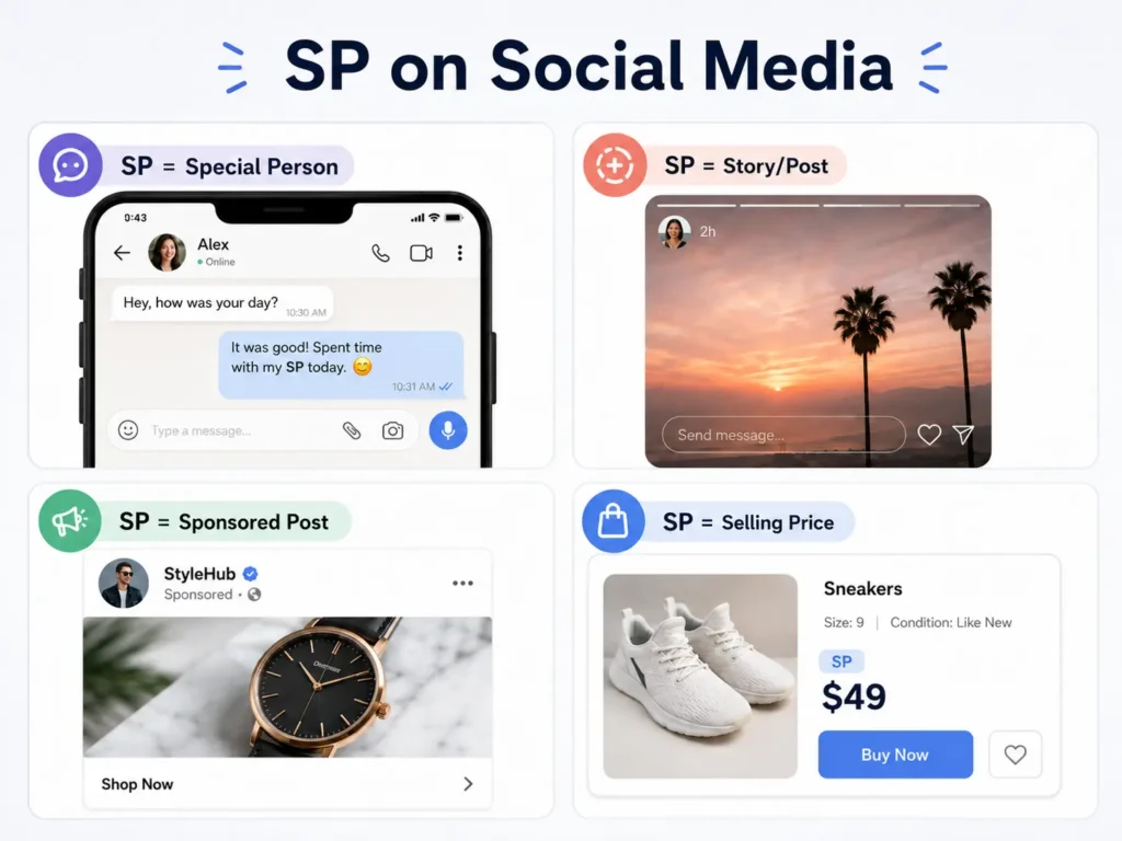 SP on social media infographic showing SP as Special Person, Story or Post, Sponsored Post, and Selling Price.