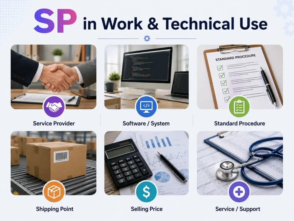 SP in work and technical use infographic showing Service Provider, Software or System, Standard Procedure, Shipping Point, Selling Price, and Service or Support.