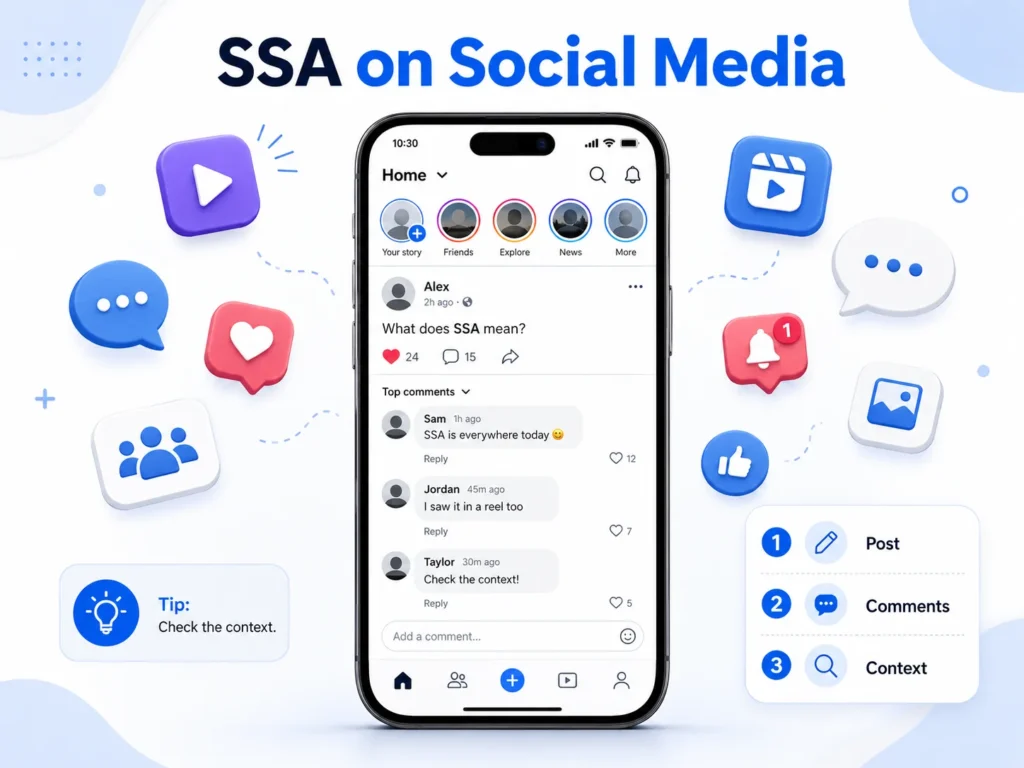 Infographic titled “SSA on Social Media” showing a smartphone with social media comments asking what SSA means, surrounded by generic chat, video, like, and notification icons, with a guide reminding users to check the post, comments, and context.