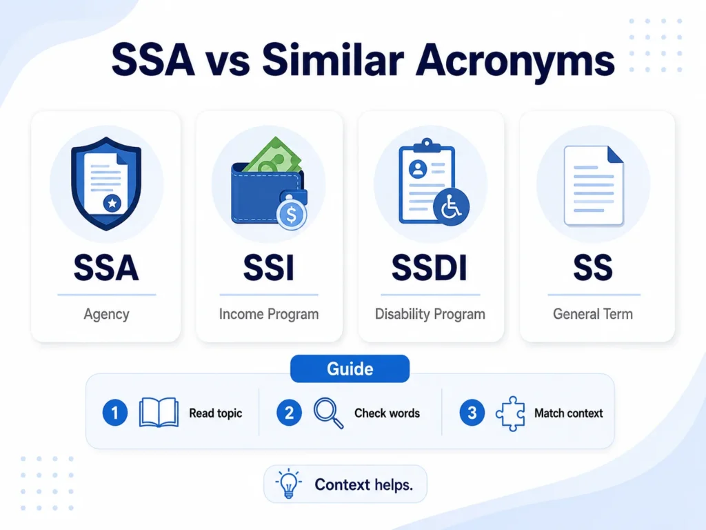 Infographic titled “SSA vs Similar Acronyms” comparing SSA, SSI, SSDI, and SS with simple labels for agency, income program, disability program, and general term, plus a short guide reminding users to read the topic, check words, and match the context.