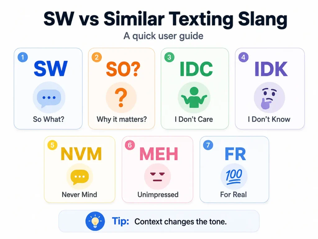SW vs similar texting slang infographic comparing SW, SO, IDC, IDK, NVM, MEH, and FR with their common meanings.