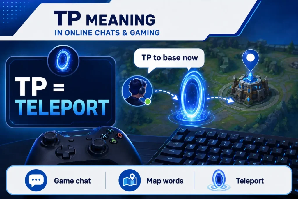 TP meaning in online gaming chats infographic showing TP as teleport, with a glowing portal, game controller, keyboard, map base, and a chat bubble saying “TP to base now.”