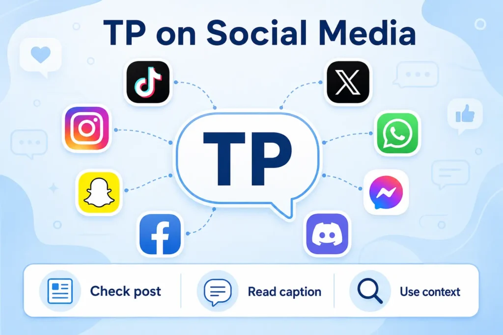 TP on social media infographic showing TP in a central chat bubble connected to TikTok, Instagram, Snapchat, Facebook, X, WhatsApp, Messenger, and Discord icons, with a guide to check the post, read the caption, and use context.