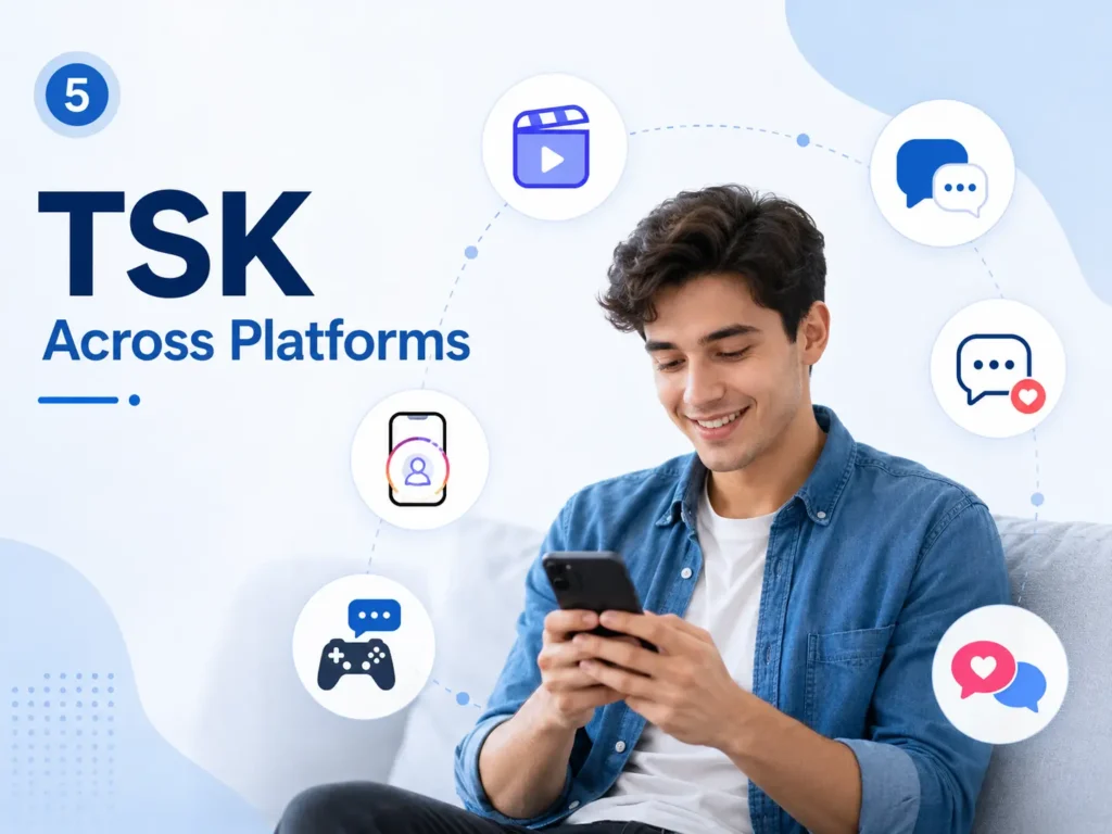 Young man using a smartphone surrounded by generic icons for video, messaging, gaming, social media, and dating, with the text “TSK Across Platforms.”