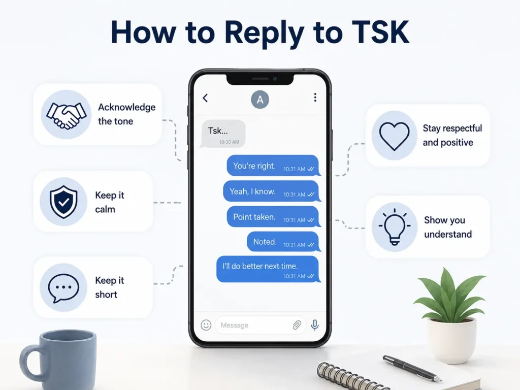Infographic showing how to reply to “TSK” with calm, respectful responses such as “You’re right,” “Point taken,” and “I’ll do better next time.”