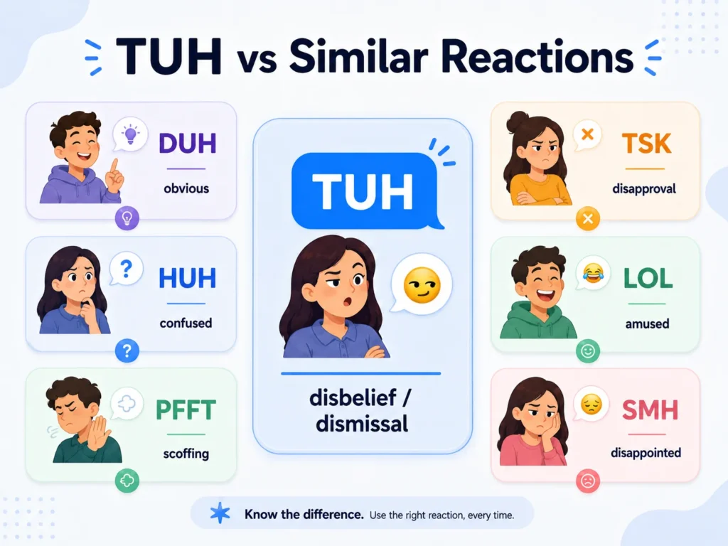 TUH vs similar reactions infographic comparing TUH with DUH, HUH, PFFT, TSK, LOL, and SMH and explaining their different tones.
