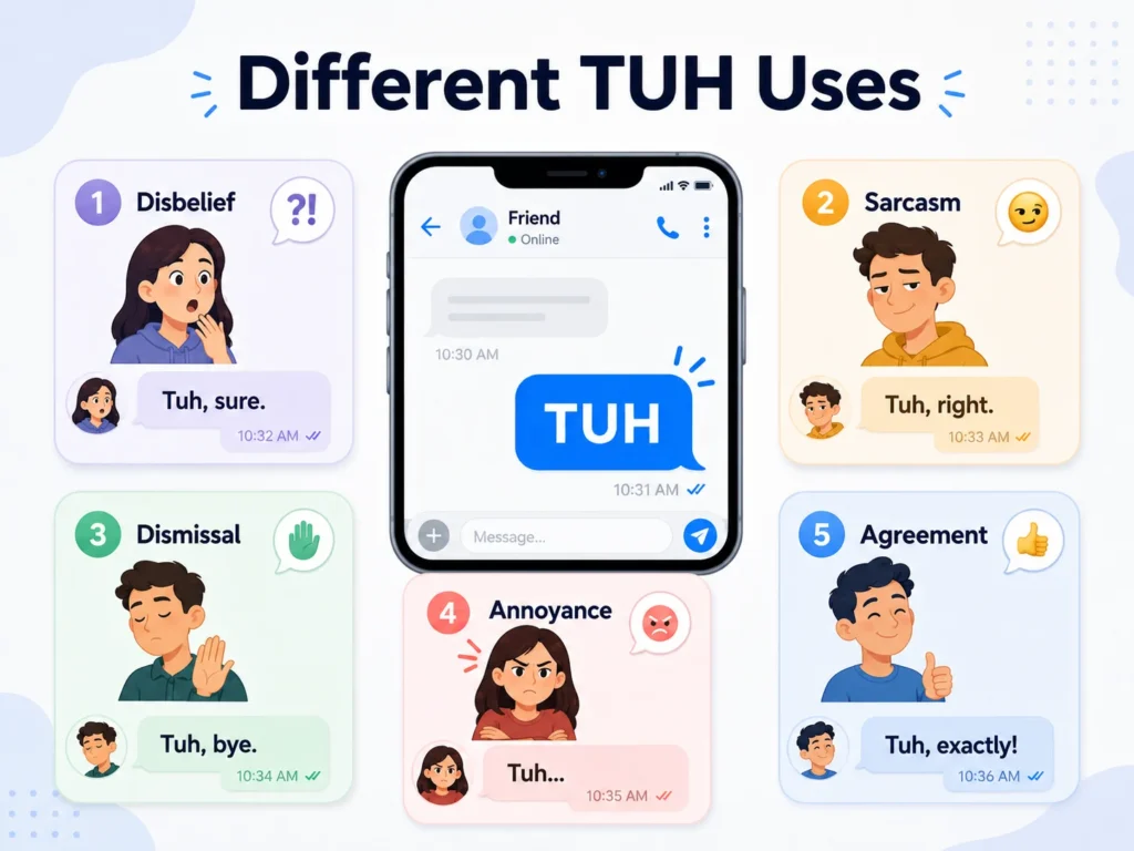 Different TUH uses infographic showing examples of disbelief, sarcasm, dismissal, annoyance, and agreement in text conversations.