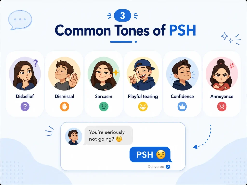 Infographic showing six common tones of PSH in texting—disbelief, dismissal, sarcasm, playful teasing, confidence, and annoyance—with expressive characters and a short chat example.