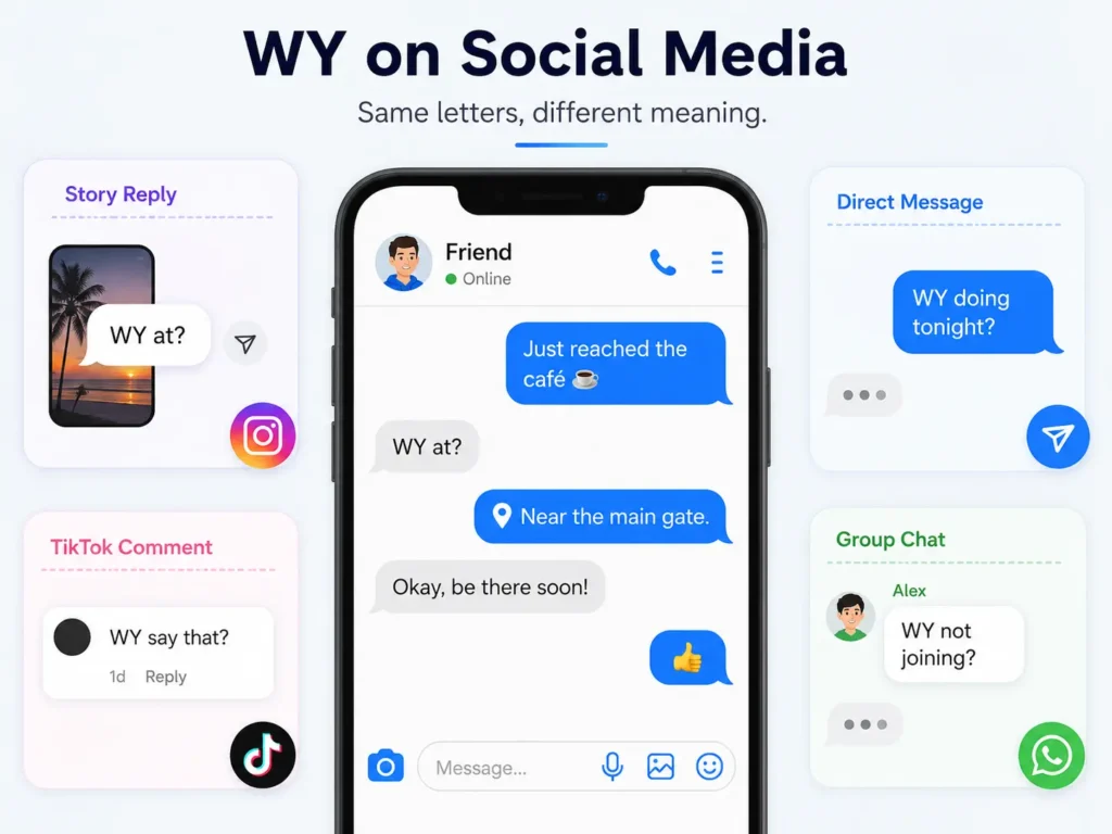 WY meaning on social media infographic showing examples in story replies, TikTok comments, direct messages, and group chats.