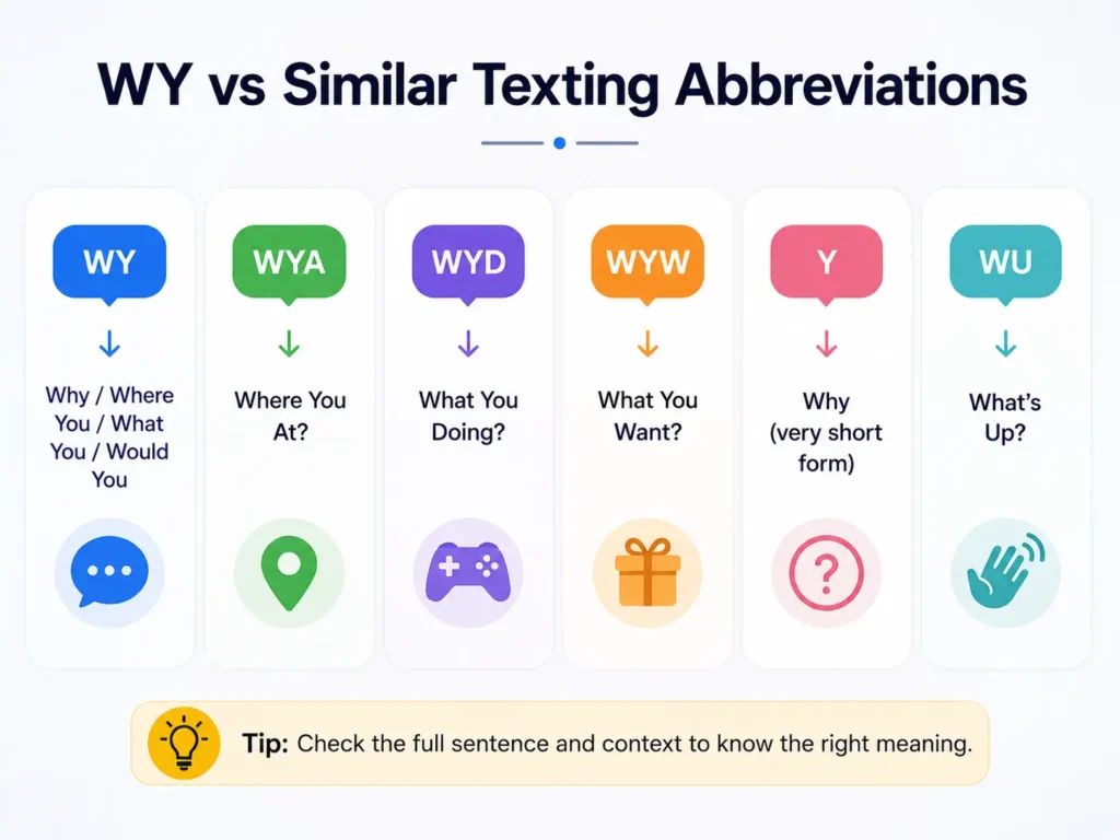 WY vs similar texting abbreviations infographic comparing WY, WYA, WYD, WYW, Y, and WU with their common meanings.