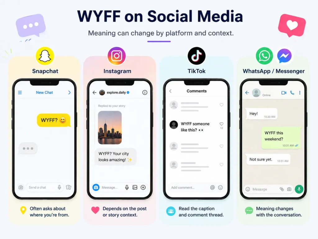 WYFF on social media infographic showing examples on Snapchat, Instagram, TikTok, WhatsApp, and Messenger with context-based meanings.