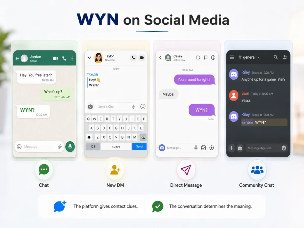WYN on social media infographic showing the abbreviation used in private chats, new direct messages, social-media DMs, and community gaming chats.